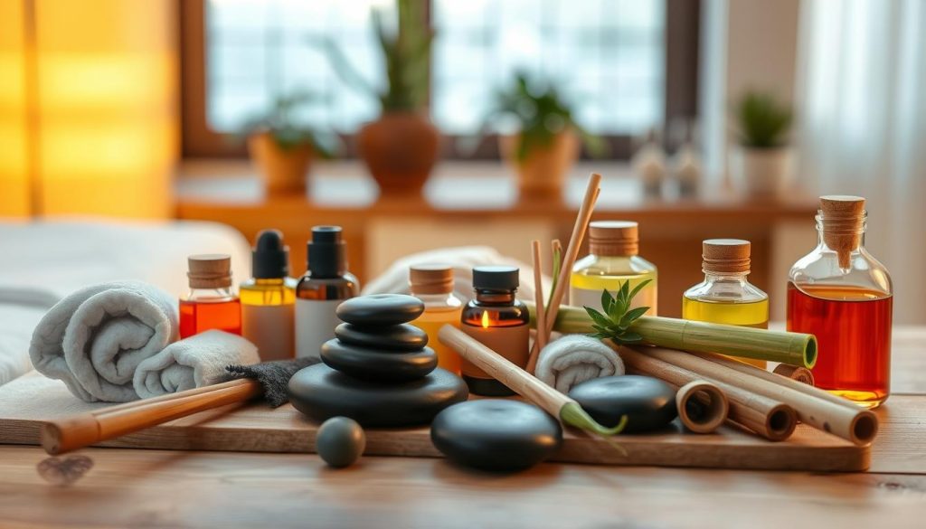 A serene spa-like scene of various massage techniques and tools displayed on a wooden table. Soft, warm lighting illuminates the arrangement, creating a soothing and inviting atmosphere. In the background, a blurred view of a peaceful, minimalist room with natural elements like potted plants. The arrangement showcases a collection of massage oils, heated stones, bamboo sticks, and other traditional massage implements, hinting at the diverse array of techniques available in Kadıköy. The overall composition evokes a sense of relaxation and wellness, reflecting the rejuvenating experience one can expect from a quality massage in the area.