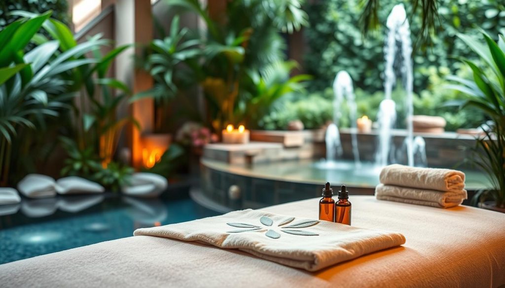 A serene spa-like setting with lush greenery, soothing lighting, and a massage table in the foreground. The table is adorned with plush towels and essential oils, inviting the viewer to experience the relaxing benefits of massage therapy. In the background, a tranquil water feature or fountain adds to the calming ambiance. The overall atmosphere conveys a sense of rejuvenation and well-being, capturing the health benefits of the massage experience for tourists in Istanbul.