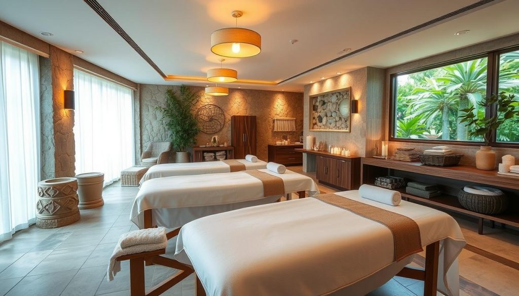 A serene spa setting in Beylikdüzü, with plush massage tables, soothing lighting, and an array of relaxing spa treatments. Soft natural textures, such as stone, wood, and lush greenery, create a calming ambiance. Warm lighting from overhead fixtures casts a gentle glow, while large windows allow natural light to filter in, casting a tranquil atmosphere. The scene conveys a sense of rejuvenation and well-being, catering to the local community's preference for high-quality massage services.