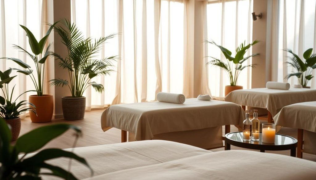 A serene spa setting with natural light filtering through large windows, illuminating a soothing, earthy color palette. Plush massage tables are arranged in a tranquil, open-concept layout, surrounded by potted plants and soft, billowing fabrics. The space exudes a calming, restorative atmosphere, inviting visitors to indulge in rejuvenating spa treatments and therapies that promote overall health and well-being. Elegant glass bottles filled with essential oils and lotions adorn side tables, while the faint aroma of aromatherapy candles creates a sensory experience. The scene conveys a harmonious blend of luxury and wellness, capturing the essence of a premium spa retreat.