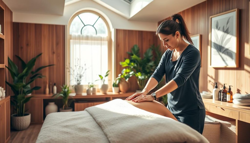 A serene, sunlit massage therapy studio in Istanbul, with warm wooden accents and soft, natural lighting. In the foreground, a professional massage therapist kneads the shoulders of a reclining client, using long, flowing strokes and deep tissue techniques to relieve tension and stress. The middle ground showcases an array of massage oils, lotions, and essential oils, hinting at the soothing aromatherapy elements of the session. In the background, lush potted plants and calming artwork create a tranquil, spa-like ambiance, inviting visitors to unwind and recharge from the demands of the workday.