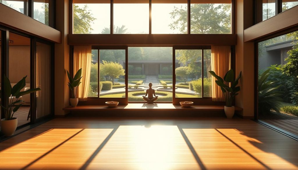 A serene wellness retreat nestled in a lush, verdant oasis. Warm, natural lighting filters through floor-to-ceiling windows, illuminating a spacious, minimalist interior adorned with calming earth tones and natural textures. In the foreground, a personalized wellness program is meticulously tailored, with an array of holistic therapies and personalized fitness regimes. The middle ground showcases a tranquil meditation space, where guests can find inner peace and balance. In the background, a peaceful garden oasis provides a soothing backdrop, with meandering paths and serene water features. The overall atmosphere evokes a sense of rejuvenation, calm, and personalized wellness.