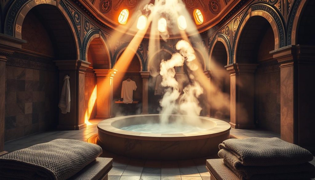 A traditional Turkish hammam, bathed in warm, golden light filtering through domed ceilings and ornate tiles. Sunlight dances on the surface of the steaming, marble-clad central basin, while wisps of fragrant steam swirl through the air. Plush, textured towels and an array of natural soaps and scrubs sit ready for the ultimate relaxation experience. Ornate archways frame the scene, creating a serene, timeless atmosphere of rejuvenation and tranquility.