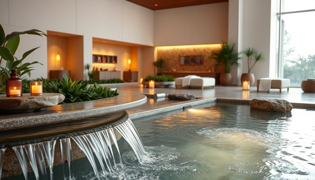 A tranquil and serene spa scene, showcasing a variety of holistic therapy methods. In the foreground, a soothing water feature with cascading waterfalls reflects the warm, soft lighting. Surrounded by lush greenery and natural stone elements, the middle ground features various stations for treatments such as aromatherapy, hydrotherapy, and therapeutic massage. The background depicts a calming, minimalist interior design with large windows that allow natural light to filter in, creating a sense of openness and relaxation. The overall atmosphere is one of harmony, balance, and rejuvenation, inviting the viewer to immerse themselves in the restorative power of these spa therapies.