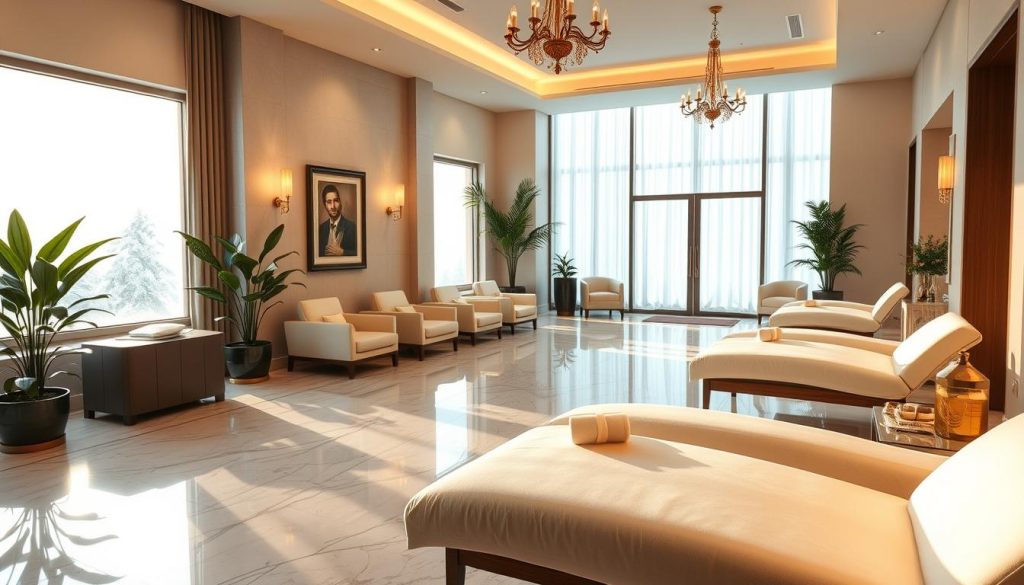 A tranquil and serene spa setting, bathed in warm, diffused lighting. Elegant marble floors, soothing neutral-toned walls, and plush, inviting furnishings create an atmosphere of relaxation. Lush potted plants and tasteful artwork adorn the space, while large windows allow natural light to filter in, casting a soft glow. The room's high ceilings and clean, minimalist design evoke a sense of spaciousness and hygiene. Subtle touches of luxury, such as ornate light fixtures and polished metallic accents, elevate the overall ambiance. The scene conveys a harmonious blend of modern sophistication and adherence to the highest hygiene standards expected of a premier spa destination.