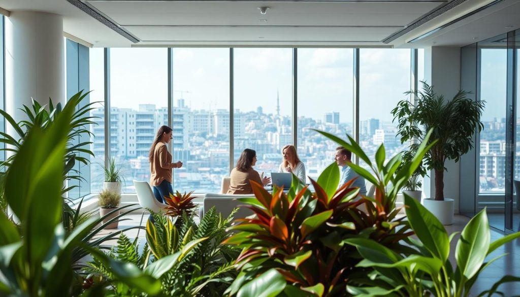 A tranquil corporate office setting, flooded with natural light and minimalist furnishings. In the foreground, a vibrant array of plants and greenery, symbolizing the rejuvenating power of nature. The middle ground features employees engaged in collaborative activities, their expressions conveying a sense of camaraderie and shared purpose. In the background, floor-to-ceiling windows offer a panoramic view of the bustling city skyline, creating a harmonious balance between the indoor and outdoor environments. The overall atmosphere exudes a sense of wellness, productivity, and employee well-being, capturing the essence of effective employee engagement strategies in the corporate landscape of Istanbul.