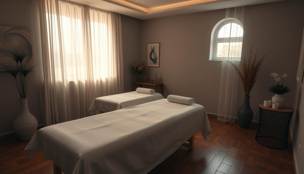 A tranquil, dimly lit massage studio in Bakırköy, with soft, natural lighting filtering through sheer curtains. Plush massage tables draped in crisp, white linens sit atop a polished, hardwood floor. The walls are adorned with soothing, neutral-toned artwork, creating an atmosphere of total relaxation. Fragrant essential oils diffuse throughout the space, filling the air with a calming, aromatic ambiance. Gentle, rhythmic music plays in the background, complementing the serene, rejuvenating experience.
