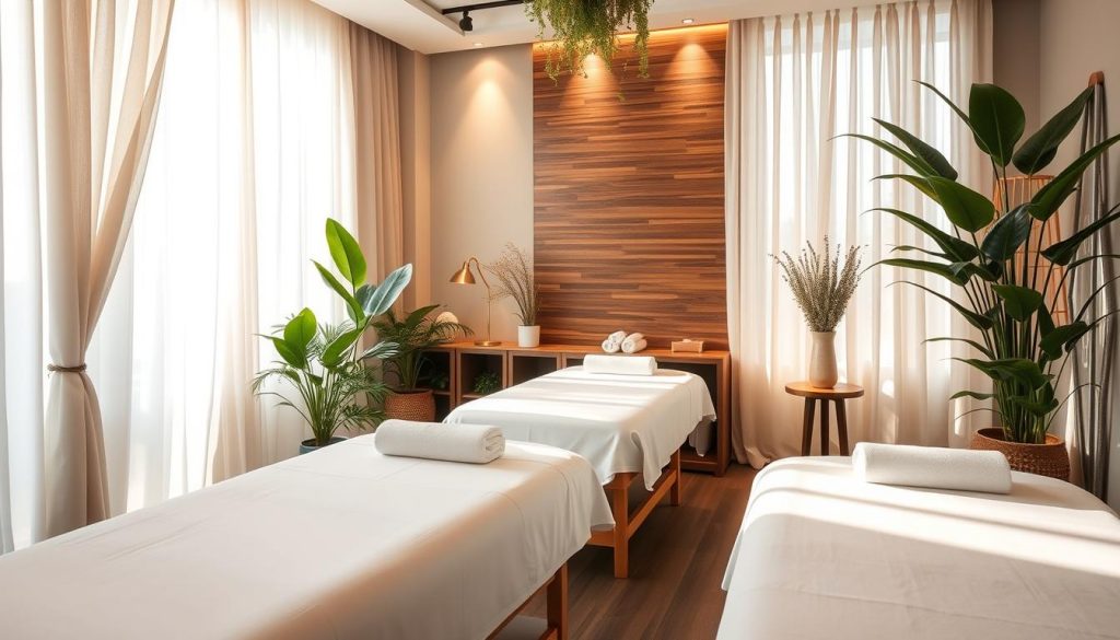 A tranquil massage studio in Bakırköy, sunlight filtering through sheer curtains, creating a serene ambiance. Plush massage tables adorned with crisp white linens, surrounded by elegant decor and soothing natural elements. Soft, diffused lighting casts a warm glow, complementing the calming atmosphere. Lush, verdant plants and a wooden accent wall add to the spa-like ambiance. The focus is on the experience, with attention to detail and a sense of relaxation pervading the space.