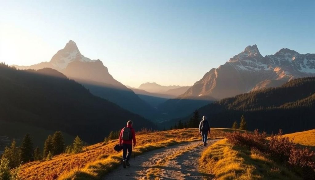 A tranquil mountain landscape, with a winding path leading through lush forests and rolling hills. The path is flanked by towering peaks, their snow-capped summits glistening in the warm, golden light of the sun. A lone traveler, backpack in hand, navigates the path, their silhouette a symbol of the journey ahead. The scene evokes a sense of adventure, perseverance, and the triumph of the human spirit, perfectly capturing the essence of "Kariyer Yolculuğunda Cesaret ve Destek".
