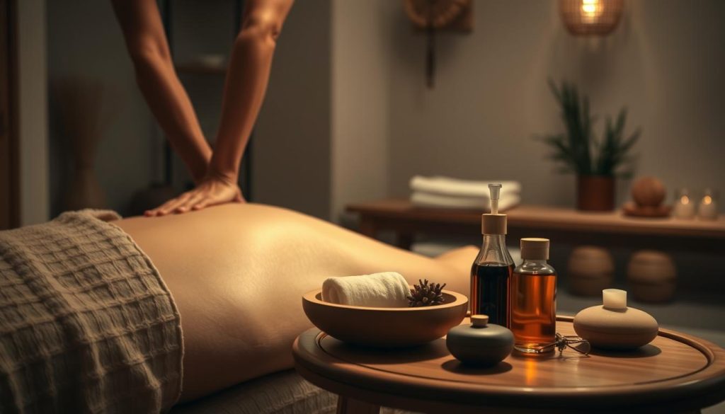A tranquil scene of traditional massage techniques unfolding in a serene, dimly lit studio. The foreground showcases a skilled masseuse's hands skillfully applying pressure and kneading techniques along the back and shoulders of a relaxed client. The middle ground features various massage tools and oils arranged neatly on a wooden side table, exuding a sense of professionalism and care. The background depicts a calming, minimalist environment with soft lighting, natural textures, and subtle Asian-inspired decor, creating an atmosphere of wellness and relaxation.