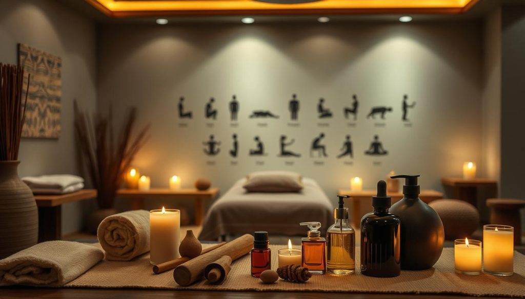A tranquil, serene spa setting with an array of massage modalities displayed. A soothing, dimly lit room with soft textures and natural materials, such as wood and stone. In the foreground, various massage tools and oils are artfully arranged, hinting at the diverse techniques available. The middle ground showcases a selection of massage styles, each represented by symbolic icons or silhouettes, inviting the viewer to explore the options. In the background, a muted, calming color palette creates a sense of relaxation and rejuvenation. Subtle lighting accentuates the serene atmosphere, casting a warm, inviting glow throughout the scene.