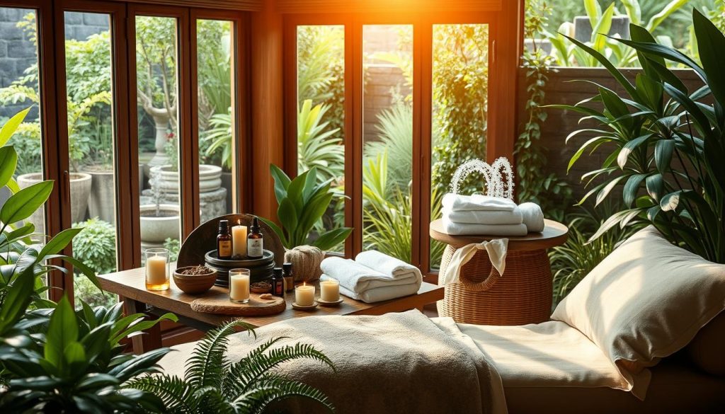 A tranquil spa retreat amidst a lush, verdant garden. Soft natural light filters through large windows, casting a warm, soothing glow. On a wooden table, an array of aromatic essential oils, candles, and calming botanicals invite relaxation. Plush towels and robes await, while the gentle sounds of a bubbling fountain create a serene ambiance. In the foreground, a cozy chaise lounge beckons, surrounded by potted plants and a harmonious color palette of earthy tones. This holistic haven offers a sanctuary for the senses, promising to rejuvenate both body and mind.