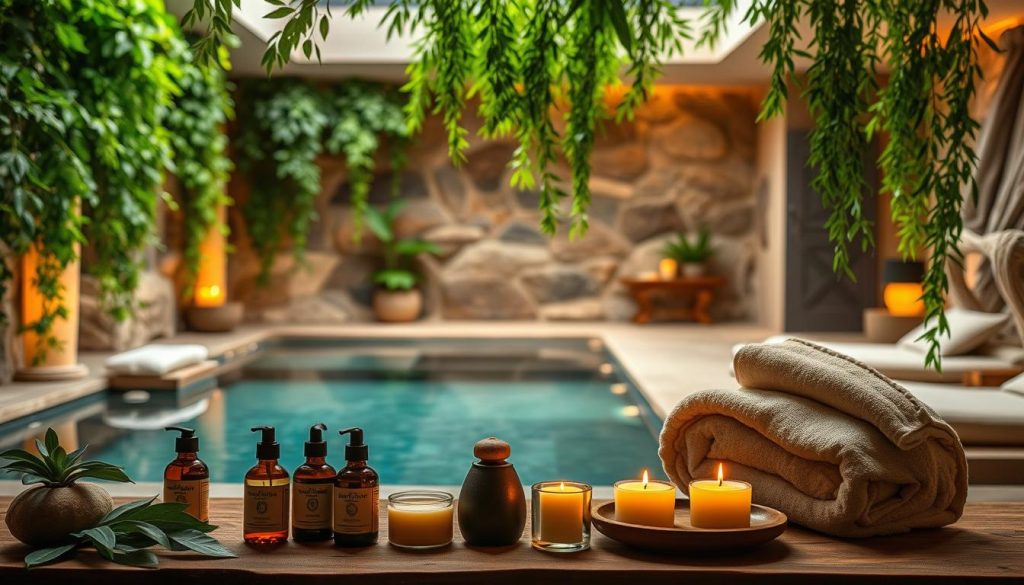 A tranquil spa setting, featuring a serene indoor pool surrounded by natural stone walls and soft lighting. Lush, verdant foliage cascades from the edges, creating a soothing, earthy ambiance. In the foreground, a selection of wellness and beauty treatments are displayed, including massage oils, candles, and plush towels. The middle ground showcases a cozy relaxation area with comfortable loungers and plush textiles, inviting visitors to unwind and rejuvenate. The background is filled with the warm, muted tones of a calming, spa-like atmosphere, conveying a sense of holistic well-being and restorative tranquility.