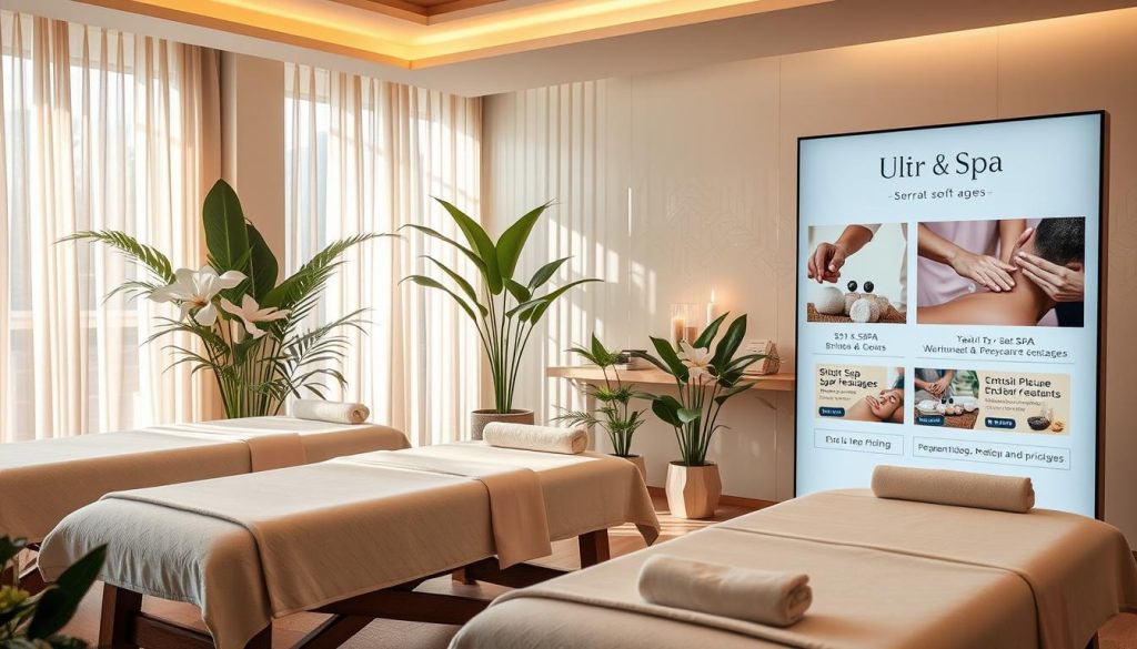 A tranquil spa setting with a serene ambiance, featuring plush massage tables and an array of luxurious spa treatments. Soft lighting filters through sheer curtains, casting a warm glow on the elegant decor. Lush plants and natural elements create a peaceful, rejuvenating atmosphere. A variety of spa packages and discounts are displayed on a sleek, minimalist display, inviting visitors to indulge in personalized self-care experiences. The scene evokes a sense of relaxation and the promise of holistic wellbeing.