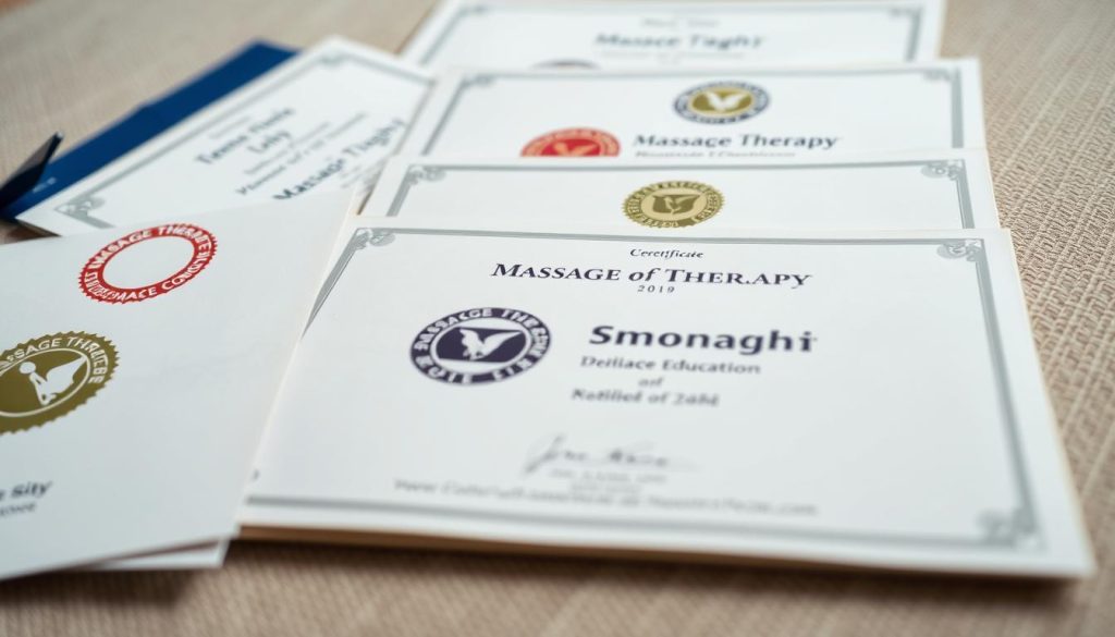 A well-lit close-up photograph of various massage therapy education certificates displayed on a neutral background. The certificates are arranged neatly, showcasing their seals, stamps, and official logos. The image captures the details and quality of the certifications, conveying a sense of professionalism and expertise in the field of massage therapy. The lighting is soft and directional, highlighting the texture and sheen of the certificates. The depth of field is shallow, keeping the certificates in sharp focus while blurring the background for a clean, minimalist composition.