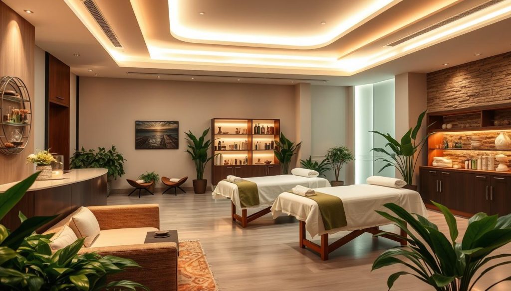 An inviting and well-appointed massage salon, illuminated by soft, warm lighting. The reception area features a sleek, modern design with clean lines and natural materials like wood and stone. Plush, comfortable seating and tranquil decor create a serene and relaxing atmosphere. The treatment rooms are spacious, spotlessly clean, and equipped with high-quality massage tables and professional-grade products. Lush potted plants and soothing ambient sounds contribute to the overall sense of rejuvenation and well-being. The salon conveys an aura of professionalism, hygiene, and attention to detail that inspires trust and confidence in its clientele.