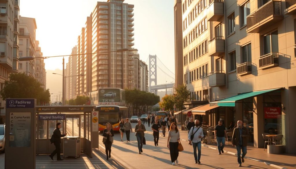 A bustling urban street in Kadıköy, with modern high-rise buildings and cafes lining the sidewalks. The scene is bathed in warm, golden afternoon light, casting long shadows across the pavement. In the foreground, a public transportation hub features a well-marked bus stop and taxi stand, with commuters moving with a sense of efficiency and purpose. The middle ground showcases the vibrant energy of the neighborhood, with people hurrying to their next appointment or enjoying a leisurely stroll. In the distance, the iconic Bosphorus Bridge spans the waterway, hinting at the city's connectivity. The atmosphere conveys a sense of accessibility and ease of movement, reflecting the "Randevu ve erişim kolaylığı" theme.
