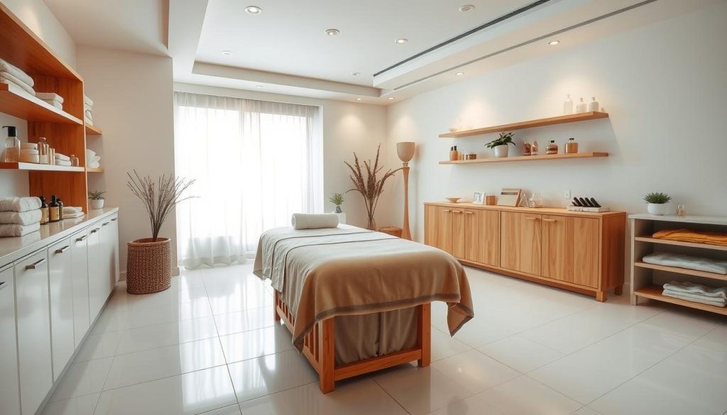 A clean, neatly organized massage parlor with white tile floors and bright lighting. Plush, beige massage tables and minimal, modern decor create a serene, hygienic atmosphere. Towels, oils, and tools are arranged meticulously on wooden shelves. Soothing, ambient music plays softly in the background, conveying a tranquil, professional ambiance. Large windows allow natural light to filter in, illuminating the space with a calming, therapeutic glow. The scene exudes a sense of cleanliness, care, and attention to detail, reflecting the highest standards of massage hygiene and safety.