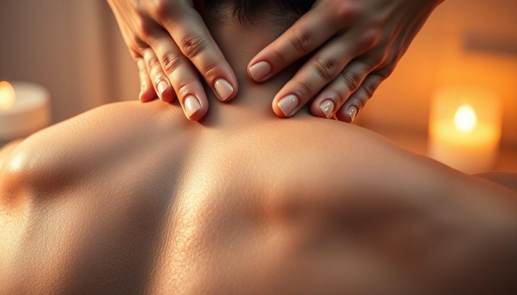 A close-up view of a deep tissue massage on the upper back and neck, showcasing the intricate techniques of a skilled massage therapist. The scene is illuminated by warm, diffused lighting, creating a calming and therapeutic atmosphere. The massage therapist's hands are gently yet firmly kneading and manipulating the muscles, addressing areas of tension and promoting relaxation. The focus is on the massage process itself, with a textured, high-detail rendering of the skin, muscle, and fascia structures. The background is softly blurred, allowing the massage to take center stage and convey the intended sense of tranquility and rejuvenation.