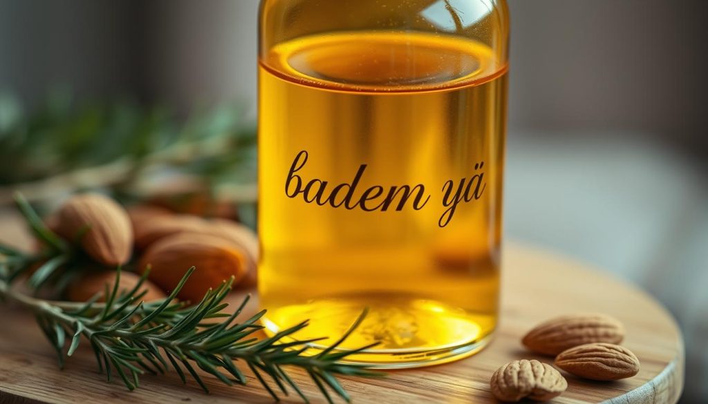 A close-up view of a glass bottle filled with a warm, golden-colored liquid, labeled "badem yağı" in elegant cursive script. The liquid glistens as if freshly poured, casting a soft, ambient glow onto the surrounding environment. The bottle is placed on a natural, wooden surface, complemented by a sprig of fragrant herbs, perhaps rosemary or thyme, adding depth and texture to the scene. The lighting is soft and diffused, creating a cozy, inviting atmosphere, ideal for a massage or self-care ritual. The overall composition evokes a sense of natural, holistic wellness and the therapeutic benefits of the almond oil.