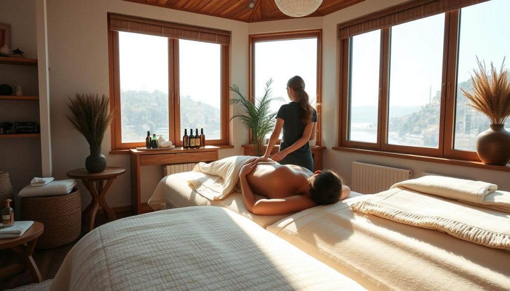 A cozy and tranquil massage studio in Istanbul, where natural light filters through large windows, casting a warm glow on the soft, plush fabrics and natural wood accents. In the center, a skilled masseuse's hands gently work to relieve tension, as aromatic oils infuse the air with a calming scent. The space exudes a sense of serenity and rejuvenation, inviting the viewer to imagine themselves immersed in a blissful, restorative massage experience.