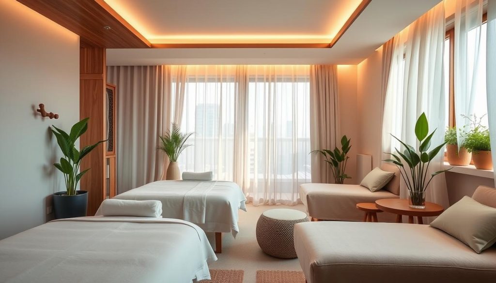 A cozy, budget-friendly spa oasis nestled in the heart of Istanbul, with soothing pastel tones, natural light filtering through airy curtains, and plush, inviting lounge areas. Warm wooden accents and potted plants create an atmosphere of tranquility, while a sleek, minimalist design elevates the experience. Soft, diffused lighting casts a serene glow, complementing the gentle curves of the massage tables and the inviting, cushioned seating. The scene evokes a sense of relaxation and rejuvenation, inviting visitors to indulge in an affordable, yet impactful spa escape in the bustling city.