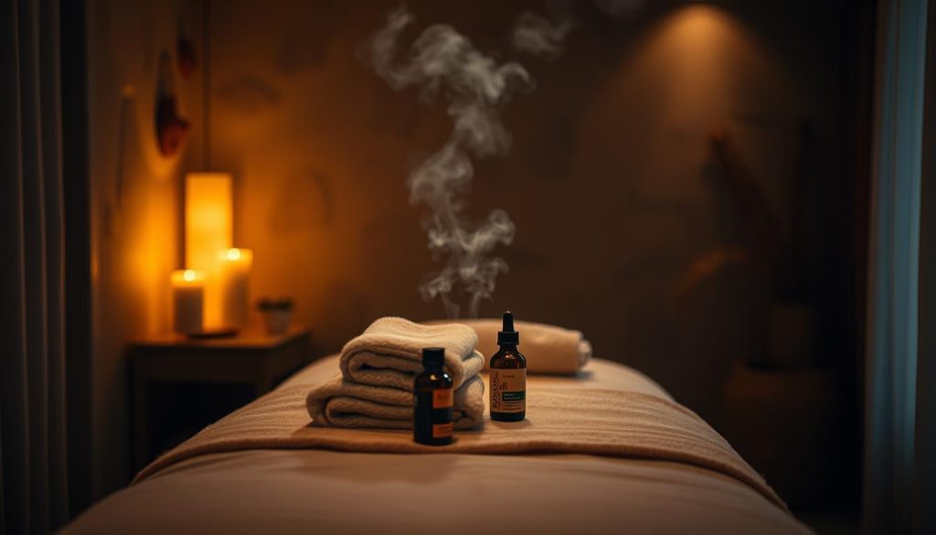 A cozy, dimly lit room with soft, warm lighting. On a massage table, plush towels and oils are neatly arranged, ready for a post-session self-care ritual. The atmosphere is serene, with earthy tones and natural textures. Gentle steam emanates from a diffuser, filling the air with soothing aromas. The camera captures the scene from a slightly elevated angle, inviting the viewer to imagine themselves in this tranquil, rejuvenating space after a therapeutic massage session.