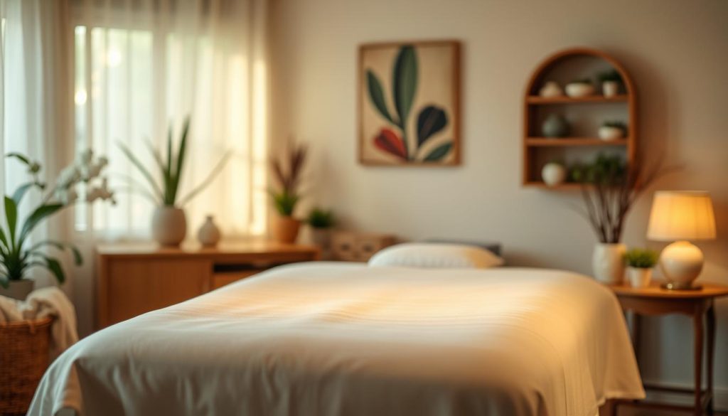 A cozy home setting with a plush massage table positioned in the center of the frame. Soft lighting casts a warm, soothing glow, creating an inviting atmosphere. In the background, subtle hints of a calming, natural environment, such as potted plants or nature-inspired artwork, add to the serene ambiance. The massage table is adorned with clean, crisp linens, ready to provide the ultimate relaxation experience. The scene conveys a sense of tranquility and professionalism, inviting the viewer to imagine the comfort and rejuvenation of an in-home massage session.