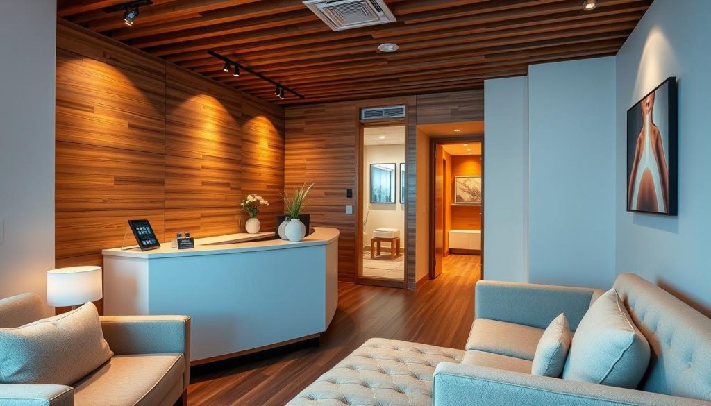 A cozy, well-appointed massage studio with plush furniture, soft lighting, and calming decor. The scene features a contemporary wood-paneled reception area with a minimalist desk and a digital booking system display. In the background, a hallway leads to private treatment rooms, hinting at the restorative experiences within. The overall atmosphere conveys a sense of tranquility and wellness, inviting the viewer to embark on a journey of relaxation and rejuvenation.
