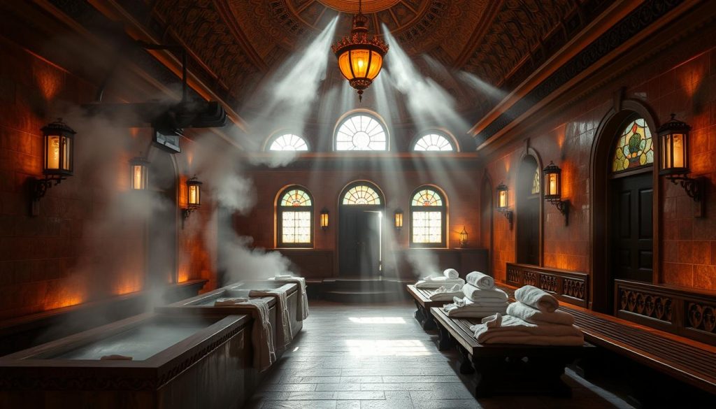 A dimly lit Turkish hammam, its ornate domed ceiling and intricate tile work casting a warm, amber glow. Steam billows from heated stone basins, enveloping the modern spa furnishings in an ethereal mist. Plush robes and fluffy towels await on carved wooden benches, while sunlight streams through stained glass windows, illuminating the fusion of traditional and contemporary design. The space exudes a sense of tranquility and rejuvenation, a harmonious blend of Taksim's historic charm and the luxurious amenities of a contemporary spa experience.
