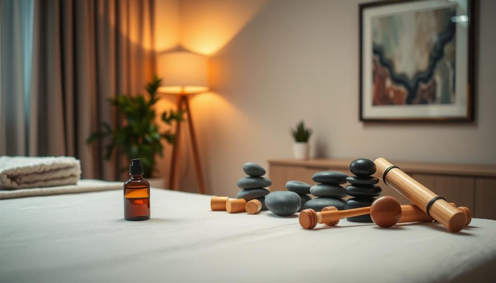 A dimly lit bedroom, soft lighting from a table lamp creating a warm, relaxing ambiance. In the foreground, a plush, cushioned massage table with a folded blanket and a bottle of aromatherapy oil. The middle ground features an array of therapeutic massage tools: smooth river stones, bamboo sticks, and a set of wooden massage rollers. In the background, a potted plant and a framed piece of abstract art on the wall, further enhancing the serene, spa-like atmosphere. The composition emphasizes the tranquility and comfort of a self-care, at-home massage experience.