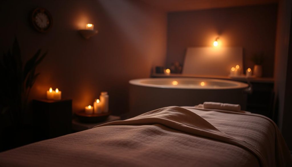 A dimly lit massage room, filled with the soothing aroma of essential oils. Soft lighting casts a warm glow, creating an intimate and calming atmosphere. In the foreground, a massage table is draped with luxurious linens, inviting the subject to sink into a state of deep relaxation. In the background, subtle details emerge - a bowl of aromatic botanicals, candles flickering, and the hazy silhouette of a Turkish hammam in the distance, hinting at the restorative journey to come. The scene evokes a sense of tranquility, where the mind and body can find respite from the bustling city outside.