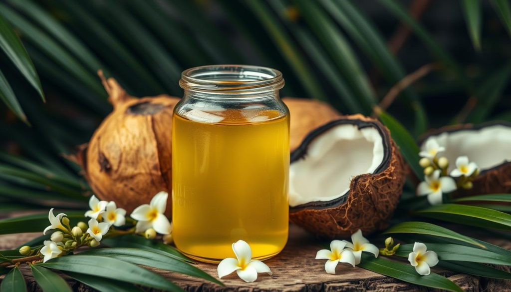 A lush, tropical scene featuring a close-up of a glass jar filled with clear, golden-hued, distilled coconut oil. The jar is positioned on a rustic, wooden surface, surrounded by fresh coconut husks, green leaves, and delicate white flowers. Soft, diffused lighting illuminates the jar, highlighting the oil's viscous, silky texture. The overall composition evokes a sense of calm, natural beauty, and the soothing, nourishing properties of the coconut oil. The image conveys the high-quality, artisanal nature of the product, making it an ideal visual representation for the "Masözlerin Gözdesi: Damıtılmış Hindistancevizi Yağı" section of the article.