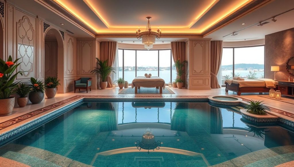 A luxurious and serene interior of the Çikolata Kalamış spa, with elegant Turkish decor, plush furnishings, and soft, diffused lighting. The foreground features a tranquil pool surrounded by ornate tiles and lush potted plants, creating a calming oasis. The middle ground showcases a massage room with gleaming wooden tables and cozy, relaxing ambiance. The background depicts a serene outdoor view through large windows, hinting at the spa's picturesque location in the Kadıköy district of Istanbul. The overall atmosphere evokes a sense of rejuvenation and indulgence, perfect for a high-end wellness experience.