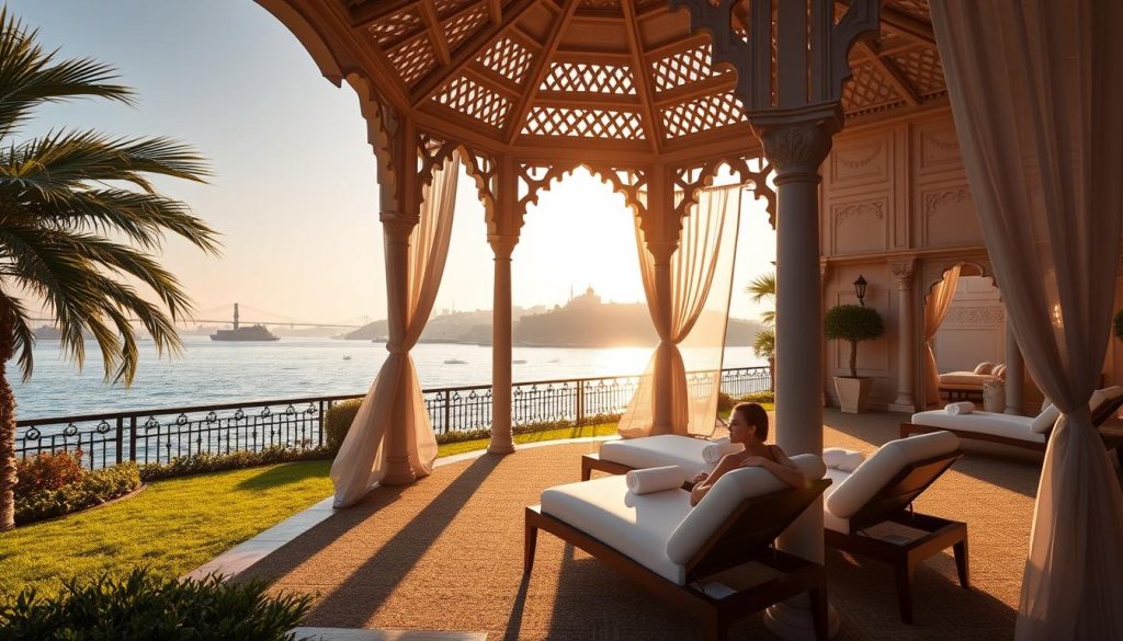 A luxurious cabana nestled within the lush gardens of the historic Çırağan Palace Kempinski, overlooking the picturesque Bosphorus Strait. The intricate Ottoman-inspired architecture is bathed in warm, golden sunlight, casting elegant shadows across the serene outdoor spa setting. Plush, white lounge chairs invite guests to indulge in rejuvenating massages and treatments, surrounded by the tranquil ambiance of swaying palm trees and the gentle lapping of the river. The cabana's sophisticated design seamlessly blends traditional Turkish elements with modern, elegant aesthetics, creating a truly opulent and relaxing spa experience.
