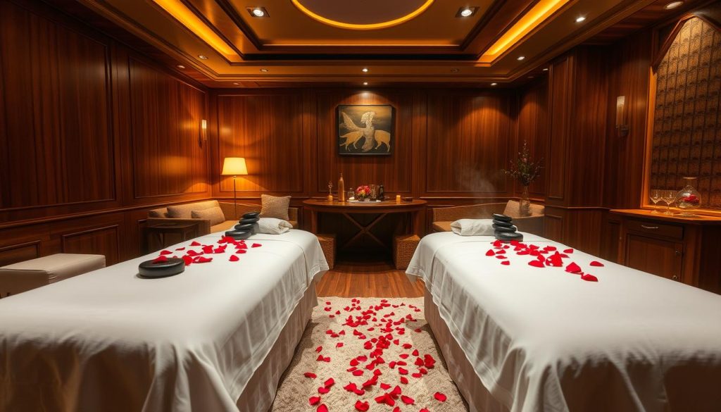 A luxurious couples massage parlor on the Anatolian side, dimly lit with warm, soft lighting, wooden accents, and plush, inviting furnishings. In the center, a pair of massage tables await, adorned with crisp white linens and accented with rose petals, creating an intimate and romantic atmosphere. Steaming hot stones and fragrant essential oils are ready to be used by skilled massage therapists, catering to the needs and desires of the couple seeking a truly indulgent and rejuvenating experience.