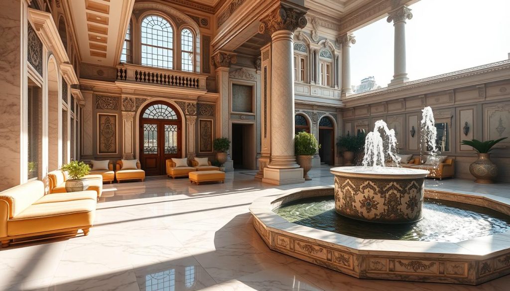 A luxurious spa nestled in the heart of the Avrupa Yakası neighborhood, Istanbul. The building's grand neoclassical facade exudes a timeless elegance, while the interior showcases a harmonious blend of traditional Turkish design and modern amenities. Sunlight filters through the large windows, casting a warm glow onto the polished marble floors and plush, inviting seating areas. In the background, ornate columns and intricate architectural details create a sense of grandeur. The serene ambiance is punctuated by the soothing sounds of a tranquil water feature, inviting visitors to unwind and indulge in a pampering spa experience. A haven of relaxation and rejuvenation, capturing the essence of Istanbul's rich heritage and the Avrupa Yakası's iconic spa culture.