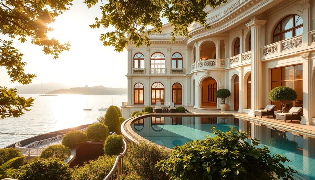 A luxurious spa retreat nestled along the picturesque Bosphorus Strait, with panoramic views of the historic Istanbul skyline. The grand, neoclassical building stands majestically, its gleaming white facade reflecting the shimmering water. Lush, meticulously manicured gardens surround the property, creating a serene, verdant oasis. Warm, golden light filters through large windows, bathing the interior in a soft, soothing glow. Elegant, contemporary design elements blend seamlessly with ornate, traditional architectural details. Tranquil, azure pools and rejuvenating treatment rooms beckon guests to unwind and indulge in the ultimate pampering experience, all while taking in the breathtaking Bosphorus vistas.