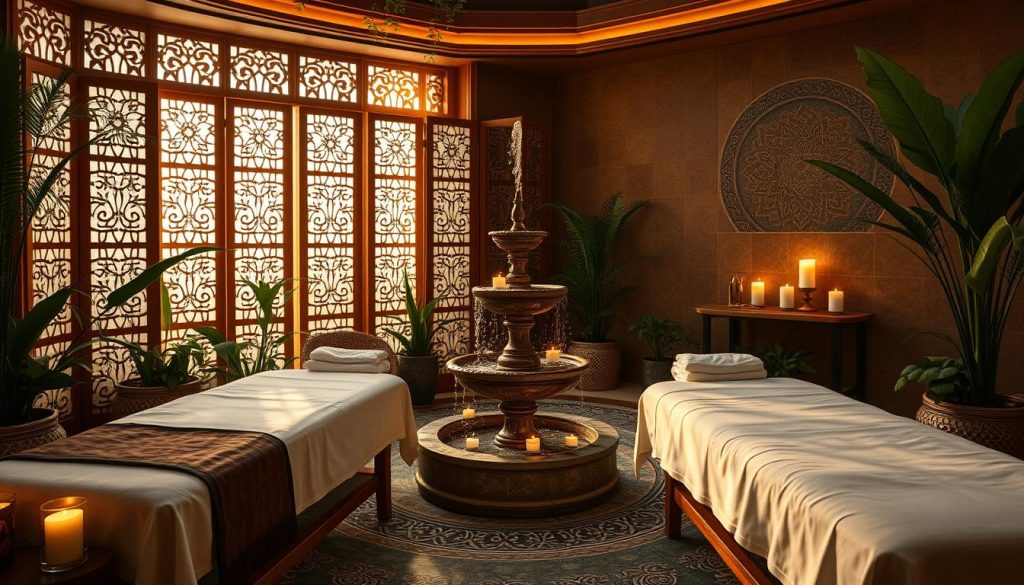 A luxurious spa retreat nestled in the heart of Anadolu Yakası, showcasing the tranquil ambiance of a traditional Turkish massage experience. Soft lighting filters through ornate wooden screens, casting a warm glow upon the plush massage tables draped in crisp linens. Aromatic candles flicker, their soothing scents mingling with the gentle sound of cascading water from a ornamental fountain. Lush greenery and intricate Turkish tiles adorn the serene setting, creating a truly immersive and rejuvenating atmosphere for both local and international guests.