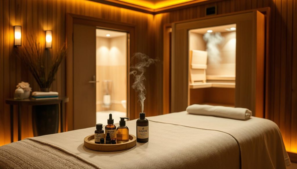 A luxurious spa setting, dimly lit with warm ambient lighting, featuring an elegant, wooden massage table draped with plush linens. On the table, an assortment of massage oils, lotions, and essential oil diffusers, their scents creating a soothing, rejuvenating atmosphere. In the background, a gently steaming sauna, its door ajar, inviting visitors to indulge in a holistic wellness experience. The scene evokes a sense of tranquility and relaxation, catering to a wide range of massage and spa services tailored to individual needs.