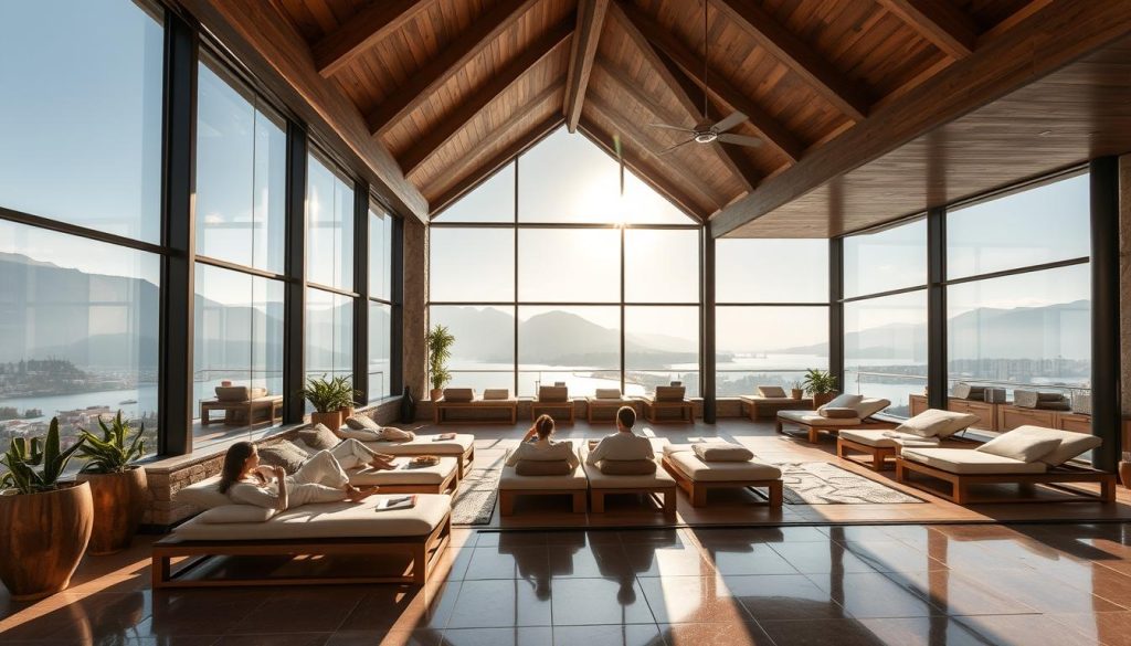 A majestic alpine spa nestled in the heart of Istanbul, Pürovel Spa & Sport exudes the serene beauty of the Swiss Alps. Imagine a tranquil sanctuary where the crisp mountain air mingles with the soothing scent of botanicals. Sunlight filters through large windows, casting a warm glow on the natural stone and wood accents. Guests recline on plush loungers, surrounded by panoramic views of the Bosphorus. Sleek, modern design complements the rustic charm, creating a harmonious balance of modern luxury and timeless alpine elegance. A serene oasis of wellness, Pürovel Spa & Sport offers a rejuvenating escape from the bustling city, transporting visitors to the peaceful solitude of the mountains.