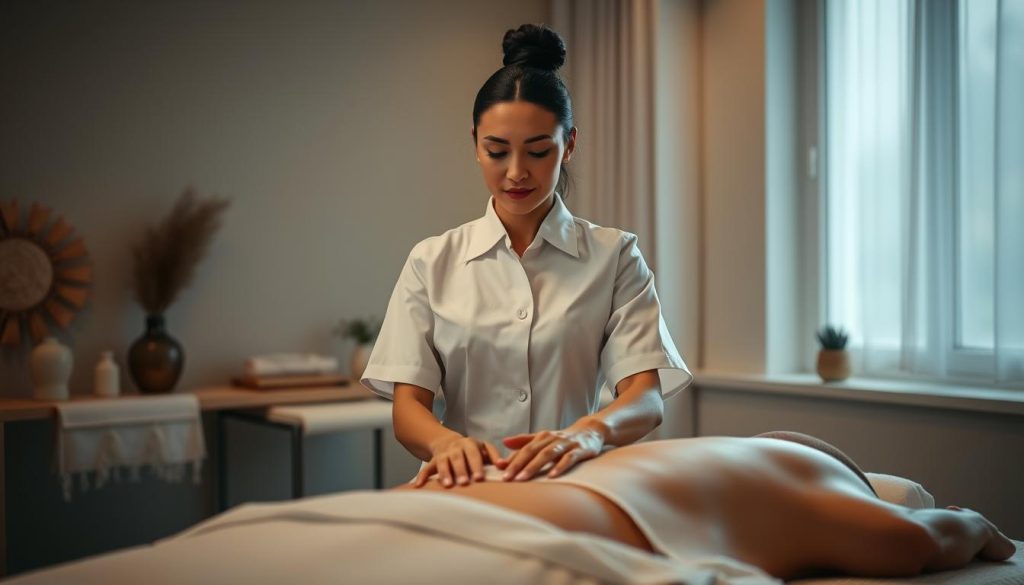 A professional masseuse, clad in a crisp white uniform, stands in a serene, dimly lit massage studio. Soft, natural lighting from a large window illuminates her tranquil expression as she expertly manipulates the muscles of a faceless client, guiding them into a state of deep relaxation. The space is adorned with calming, minimalist decor, including a massage table draped in plush linens, and the aroma of essential oils permeates the air, creating an atmosphere of holistic wellness. The camera captures the masseuse's skilled hands in close-up, conveying the precision and focus she brings to her craft.