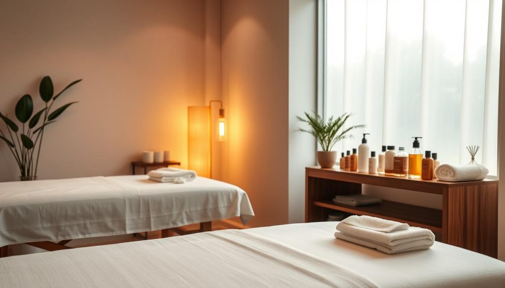 A serene and hygienic massage parlor interior, bathed in warm, diffused lighting. Crisp white linens on the massage tables, neatly folded towels, and an array of fragrant oils and lotions on a sleek wooden side table. The space exudes a calming, spa-like ambiance, with minimalist decor and natural elements like potted plants and a large window allowing soft natural light to filter in. The overall atmosphere communicates a sense of cleanliness, professionalism, and attention to detail - key factors for ensuring hygiene and safety in massage services.