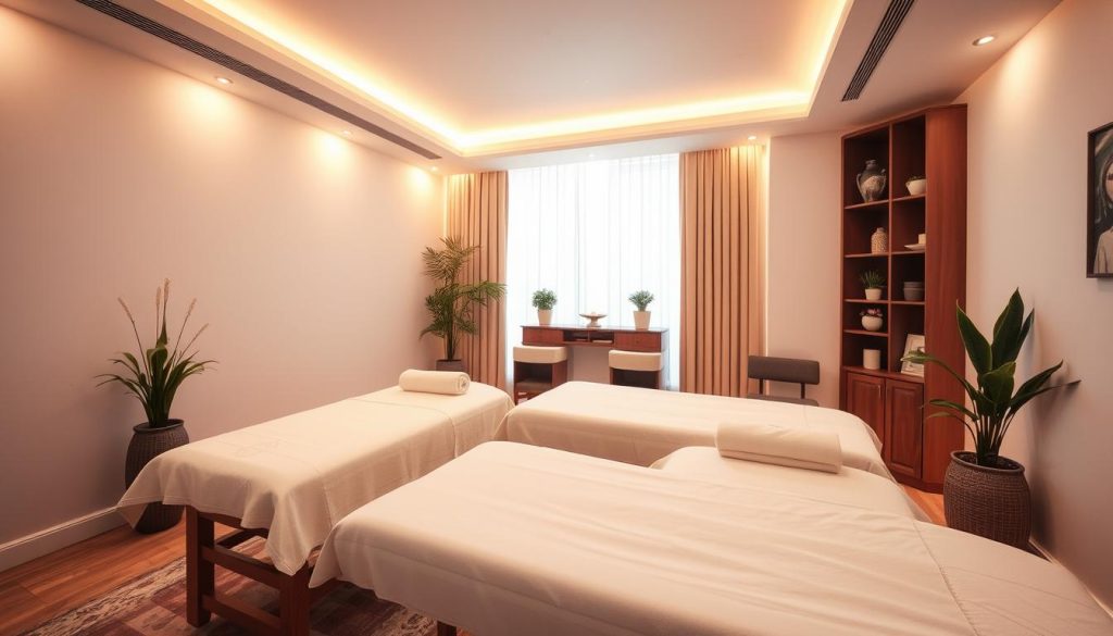 A serene and inviting massage parlor interior, with plush massage tables, soothing lighting, and calming decor. The room is bathed in a warm, diffused glow, creating a tranquil atmosphere. Soft fabrics, natural wood accents, and potted plants add to the comforting ambiance. The scene conveys a sense of relaxation and rejuvenation, reflecting the high-quality, affordable massage services offered at the Ümraniye massage salons.