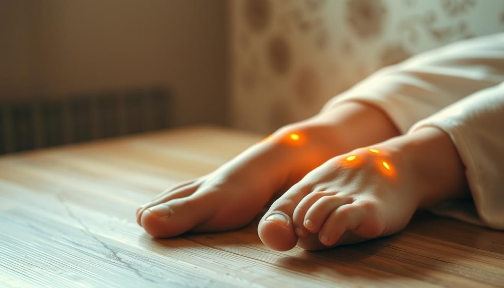 A serene and tranquil scene depicting refleksoloji, a holistic foot massage technique focused on balancing energy and reducing stress. The composition showcases a pair of feet resting on a wooden surface, with intricate pressure points highlighted in soft, warm hues. Gentle lighting casts a calming glow, creating an atmosphere of relaxation and mindfulness. The background features subtle, abstract patterns in muted tones, evoking a sense of harmony and balance. The overall image conveys the therapeutic nature of refleksoloji, a supportive technique in the realm of alternative massage practices.