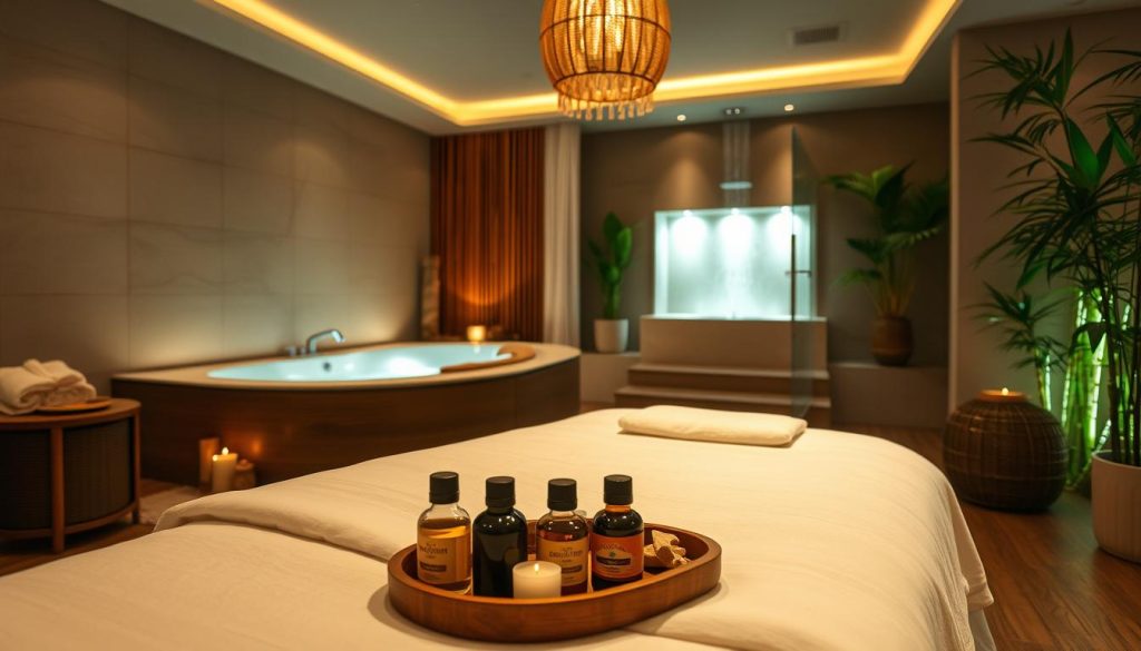 A serene and tranquil spa-like setting, featuring a variety of massage options. In the foreground, a plush massage table with crisp white linens and a selection of fragrant essential oils. The middle ground showcases a dimly lit, relaxing wet area with a steaming hot tub and a rain shower enclosure. The background depicts a calming, nature-inspired ambiance with bamboo accents, soft lighting, and soothing greenery. The overall atmosphere evokes a sense of rejuvenation and indulgence, perfect for a luxurious spa experience.