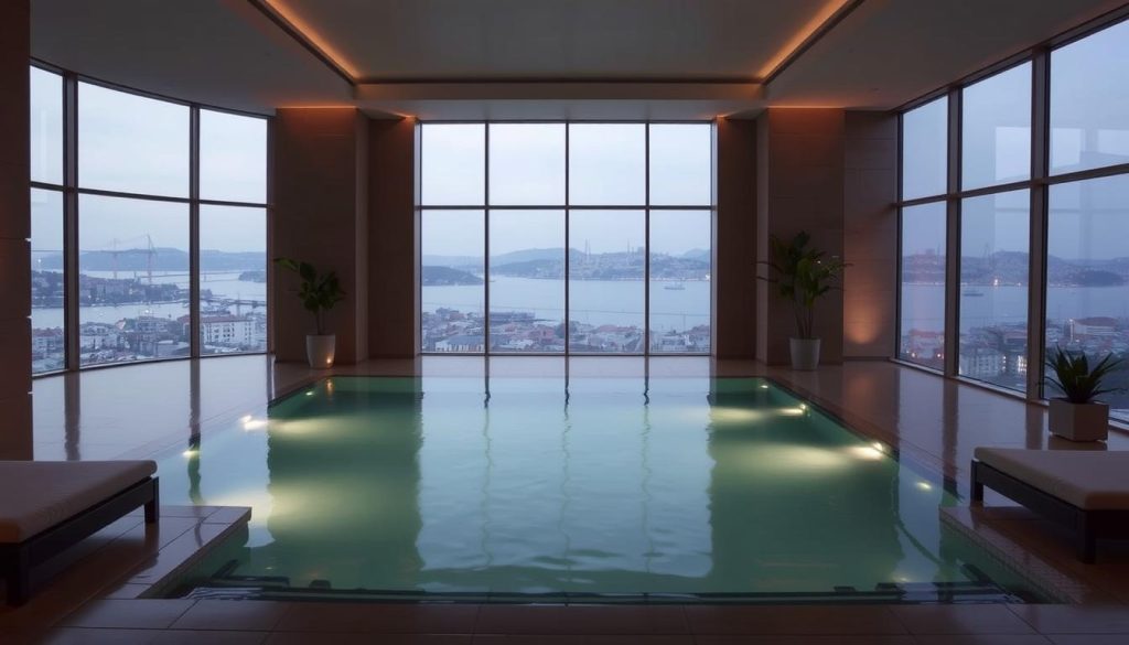 A serene, dimly lit indoor pool at the luxurious Mandarin Oriental Bosphorus in Istanbul, surrounded by floor-to-ceiling windows offering a breathtaking view of the Bosphorus Strait and the historic cityscape. The pool is illuminated by soft, warm lighting, creating a tranquil, spa-like ambiance. The water gently laps against the edges, inviting visitors to immerse themselves in a moment of pure relaxation. Plush loungers and potted plants line the perimeter, contributing to the overall sense of peace and harmony. The minimalist, Asian-inspired decor enhances the serene atmosphere, making this the perfect setting for a pampering spa experience.