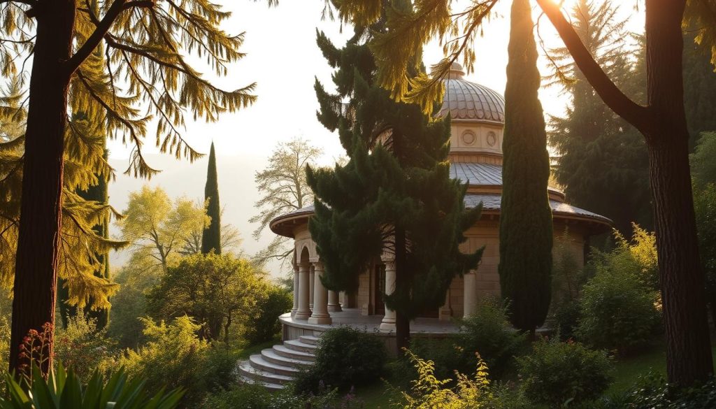 A serene, idyllic scene of the Beykoz Hamam nestled within a lush, verdant landscape. The traditional Ottoman-style bathhouse stands majestically, its ornate domed roof and intricate architectural details reflecting the rich heritage of Turkish bathing culture. Towering cypress trees and fragrant flora surround the hamam, creating a tranquil, nature-infused ambiance. Warm, golden sunlight filters through the trees, casting a soft, ethereal glow over the scene. The overall atmosphere conveys a sense of timeless, restorative calm, perfectly capturing the essence of the article's section on the harmonious integration of traditional hammam and natural spa experiences in Beykoz.