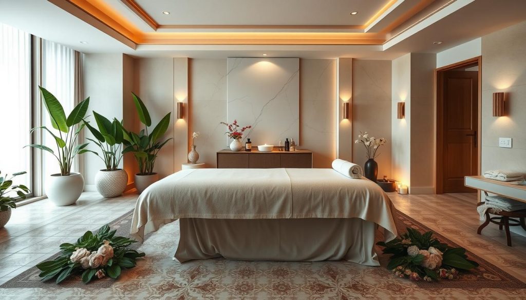 A serene, luxurious spa setting with a warm, inviting ambiance. A large, plush massage table takes center stage, surrounded by lush greenery and soft lighting. Intricate tiled floors and elegant, minimalist decor create a sense of tranquility and professionalism. Delicate floral accents and calming neutral tones evoke an atmosphere of comfort and hygiene. The room is bathed in a soft, diffused glow, creating a harmonious and relaxing environment. The overall impression is one of high-quality, hygienic, and personalized massage services tailored to the discerning client.