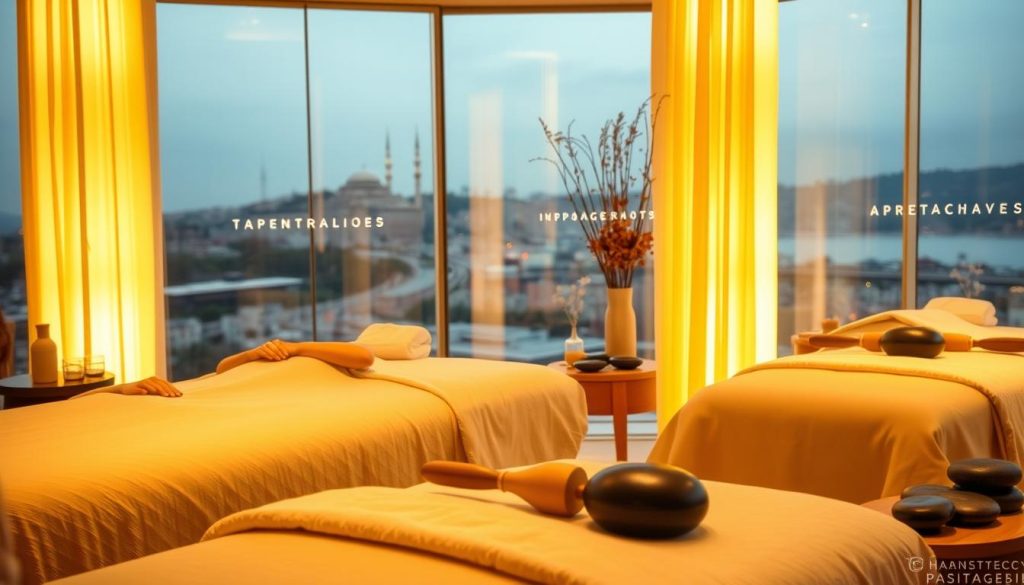 A serene massage studio in Istanbul, warm lighting illuminates an array of soothing massage techniques. Soft linens drape over plush massage tables, while essential oils diffuse calming scents. In the foreground, skillful hands knead and soothe tense muscles, promoting deep relaxation. The middle ground showcases various massage tools, from bamboo sticks to heated stones, each designed to target specific needs. The background features a tranquil cityscape, offering a peaceful escape from the bustling streets. This harmonious scene captures the essence of Istanbul's diverse massage offerings, inviting the viewer to immerse themselves in the art of wellness.